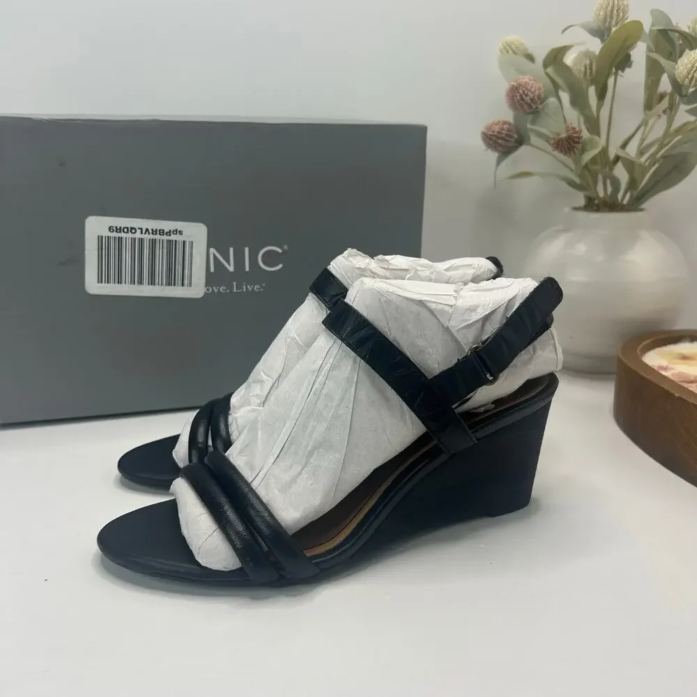 Vionic Emmy Wedge Leather Stacked Heel Sandal Black Women 6 Tried On